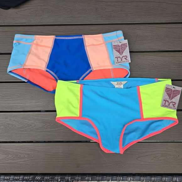 TYR Women's Colorblock Boy Shorts Swim Bottom Bundle Coral/blue/neon sz L New - Picture 1 of 7